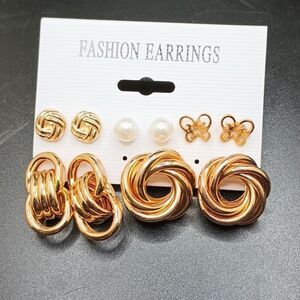 Gold twisted chunky hoops pearl butterfly earrings studs